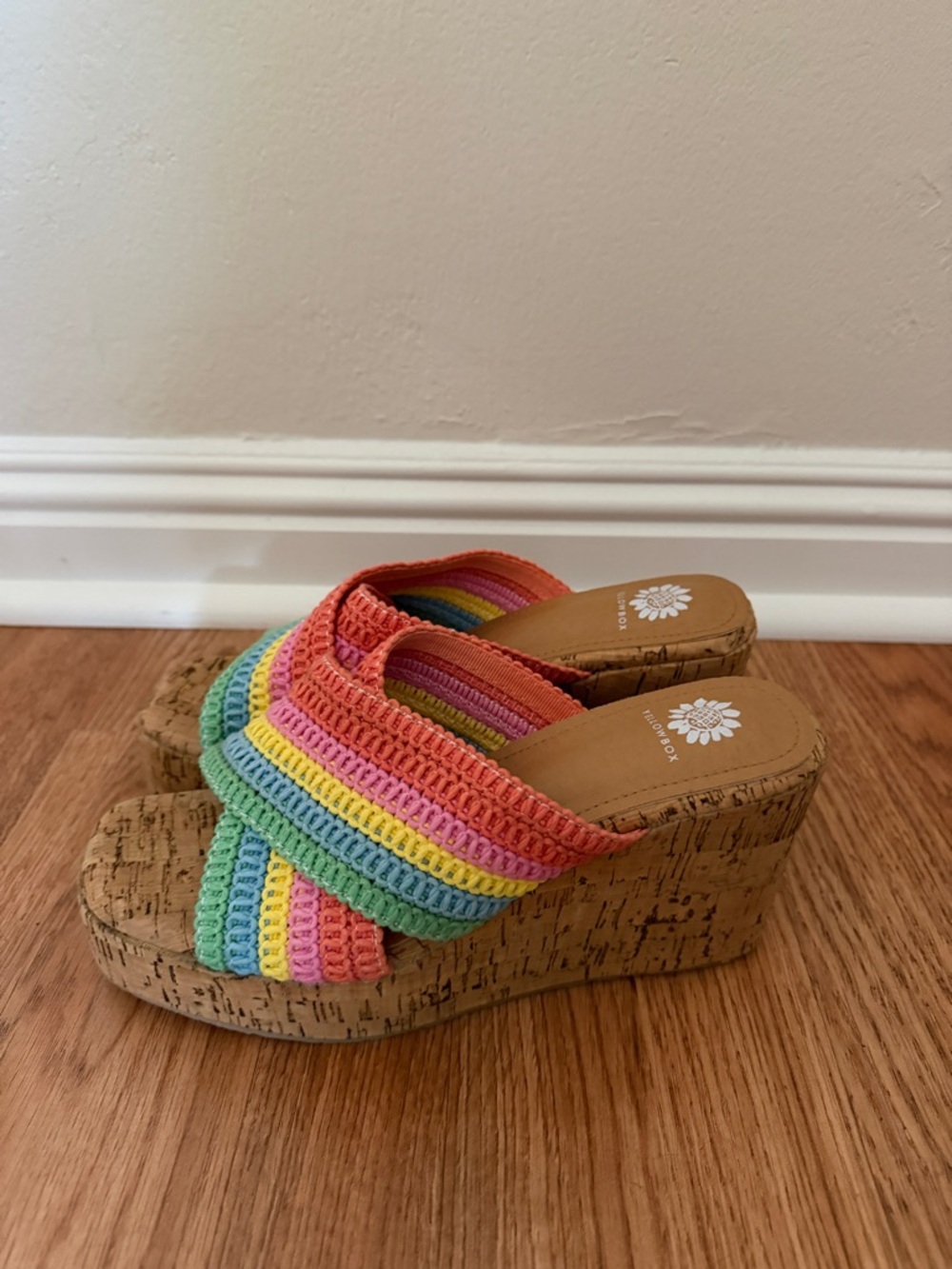 Yellow Box Rainbow Crochet Cork Wedge Sandals